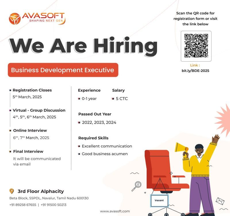 Avasoft Off Campus Drive 2025 – Business Development Excutive | Chennai